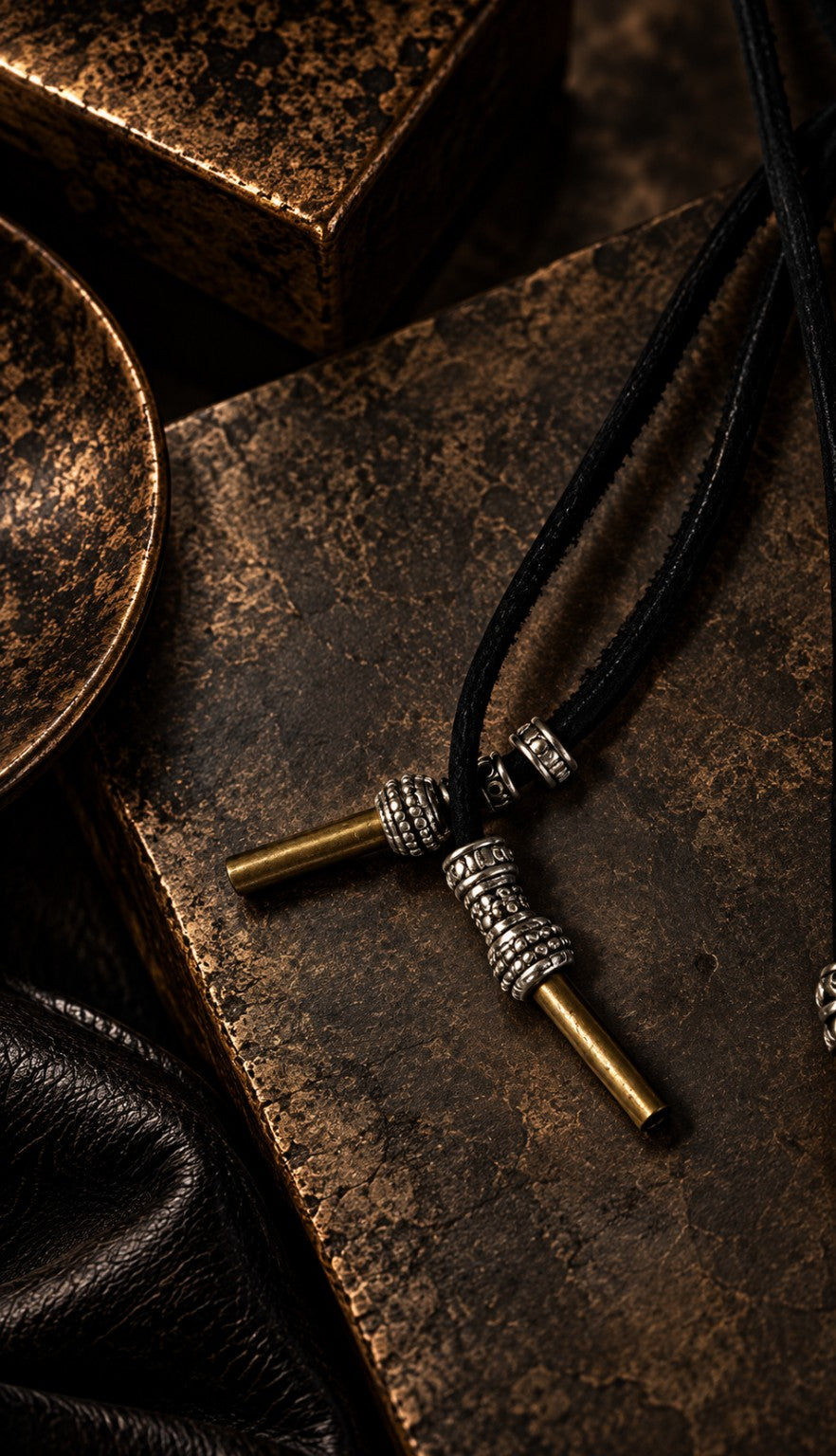 Duarte Artifact leather cord brass and silver hardware detail