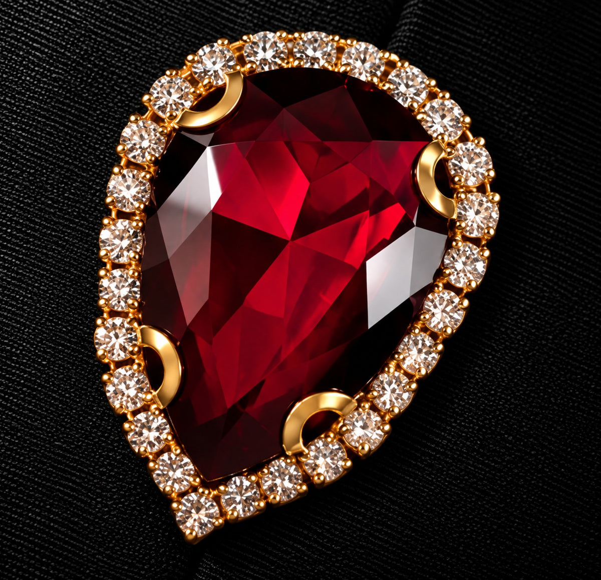 Close detail of ruby-red teardrop centerpiece with clear crystal halo and gold-tone setting